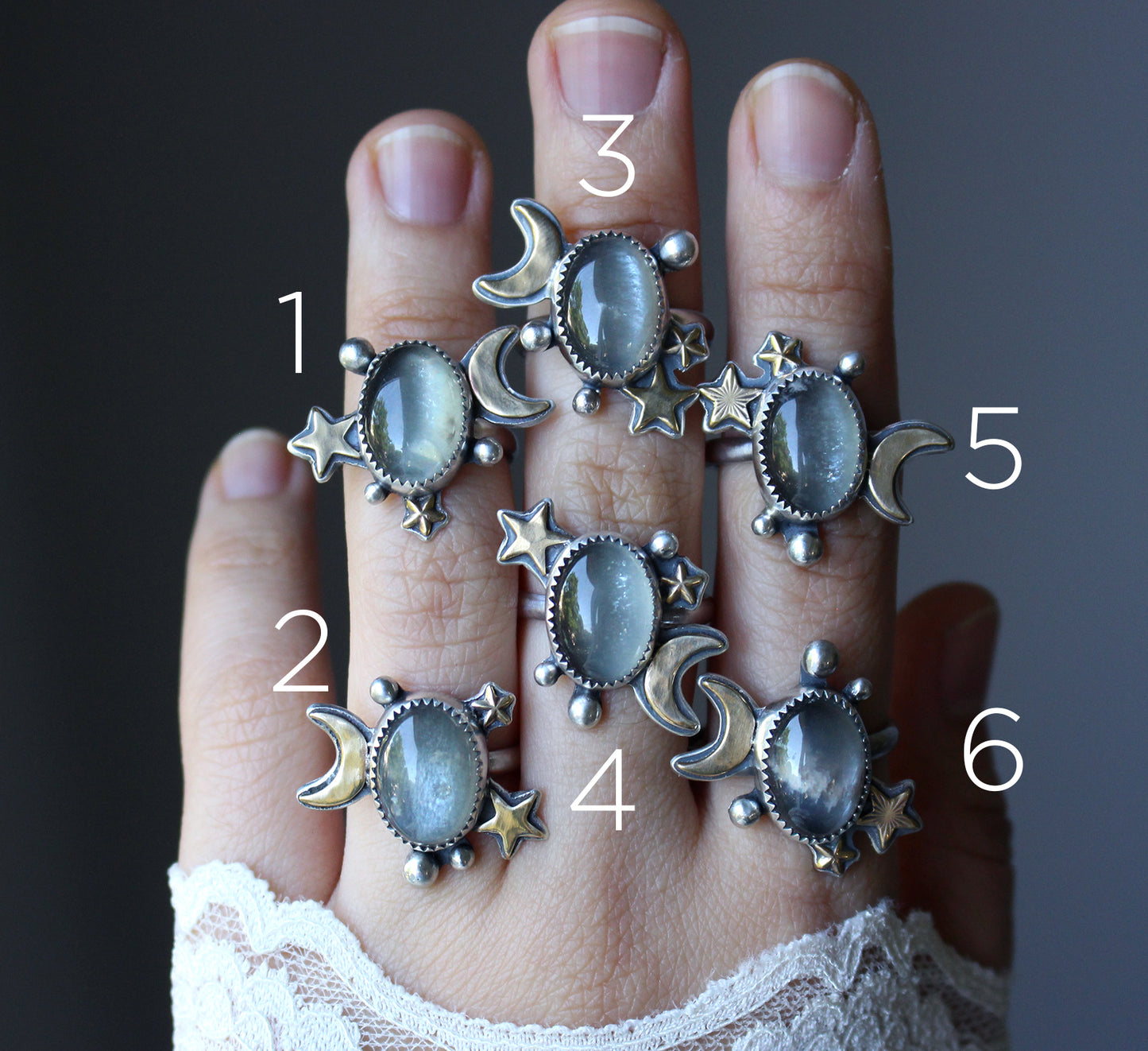 "Grey Matter" Grey Moonstone Rings
