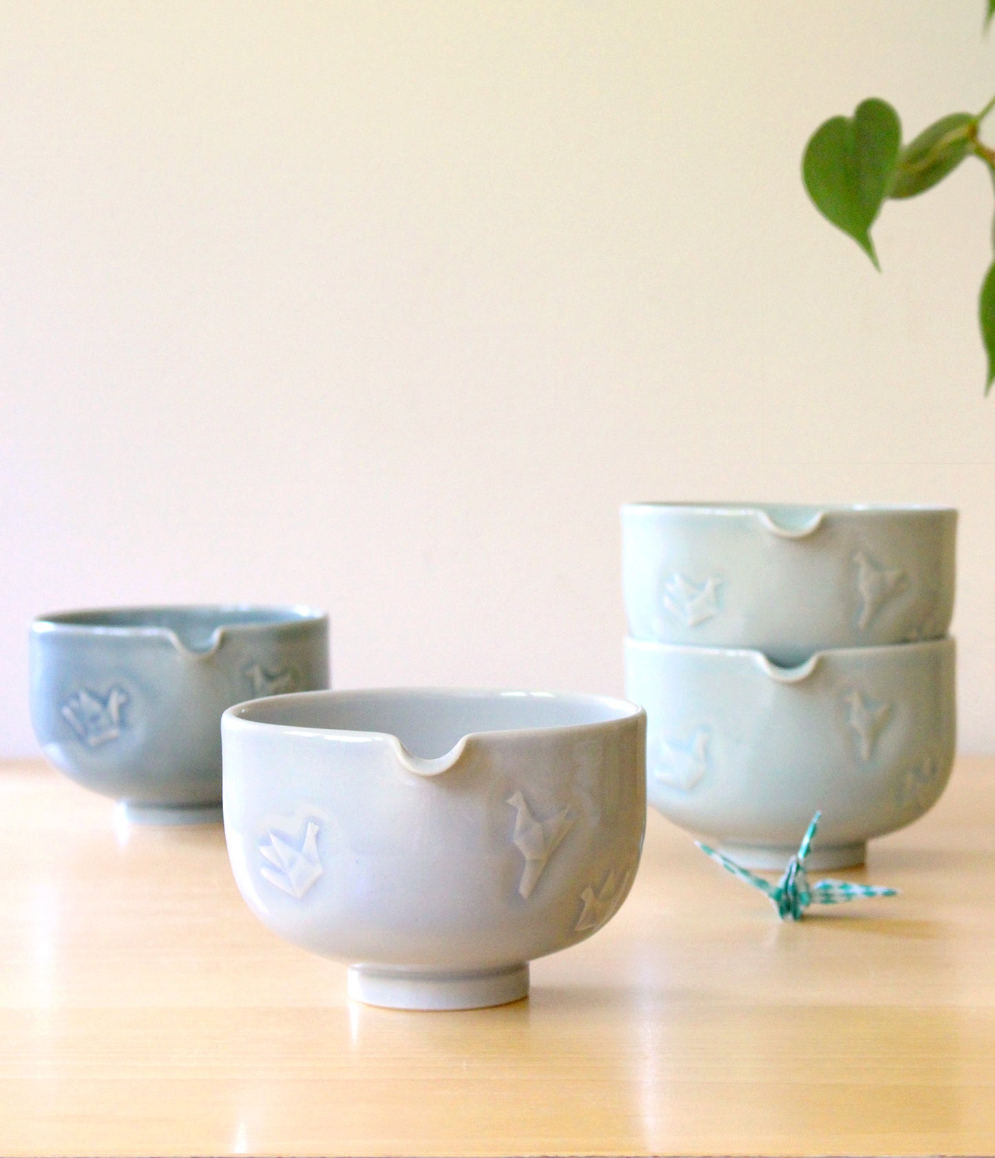 Sky Blue Paper Cranes | Hand-Carved Porcelain + Stoneware Blend Matcha Bowl No.2