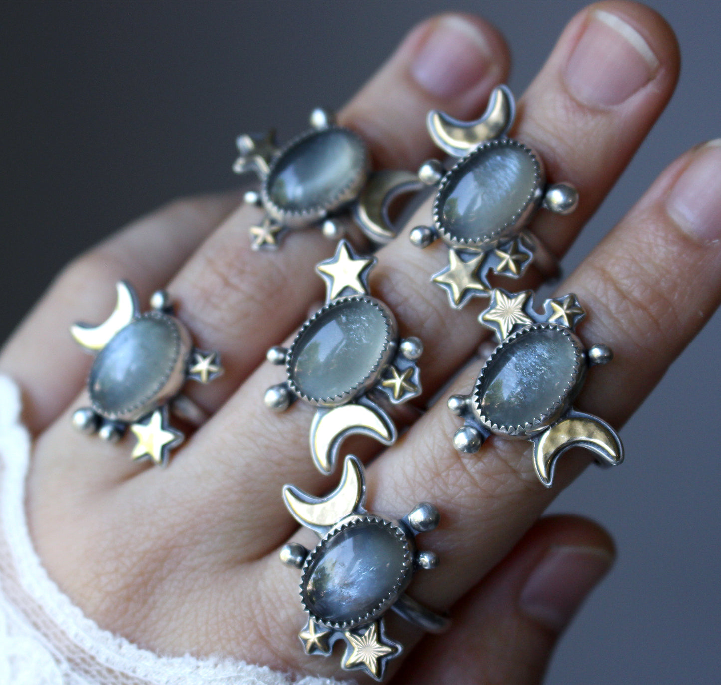 "Grey Matter" Grey Moonstone Rings