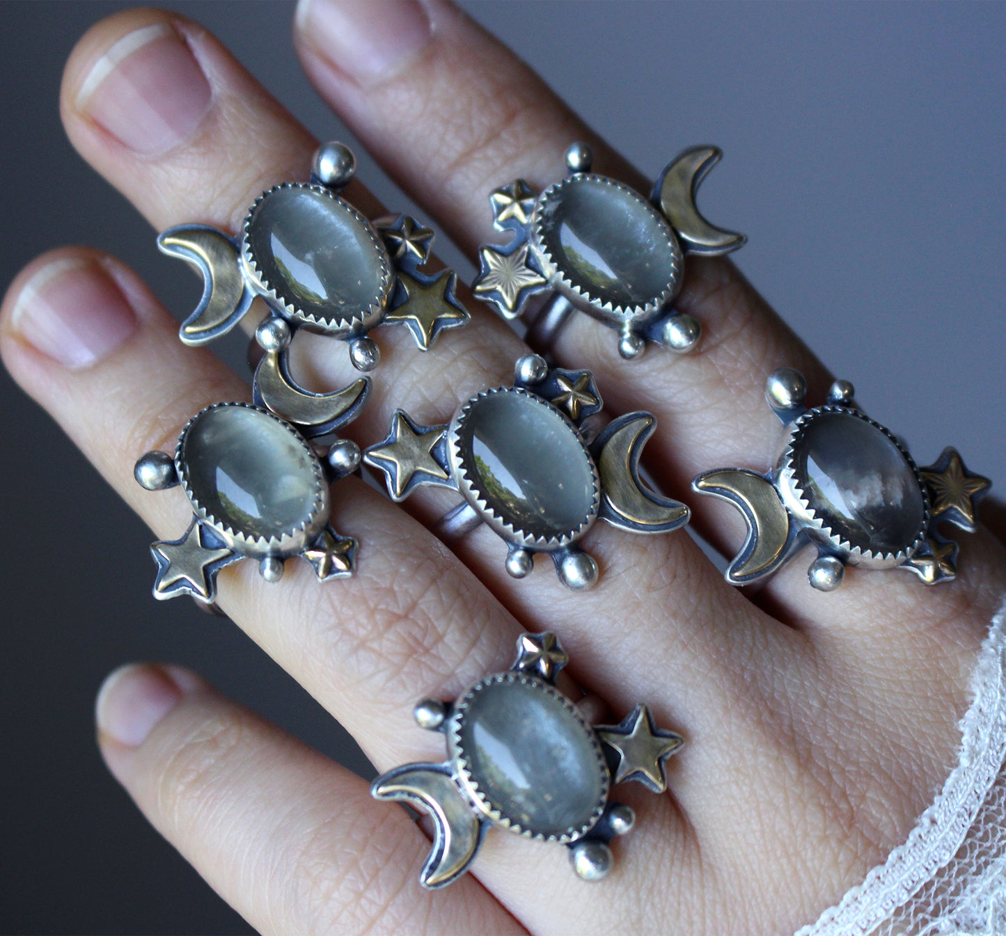 "Grey Matter" Grey Moonstone Rings