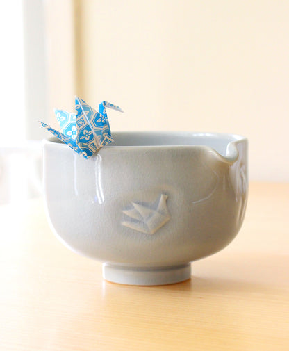 Baby Blue Paper Cranes | Hand-Carved Porcelain + Stoneware Blend Matcha Bowl