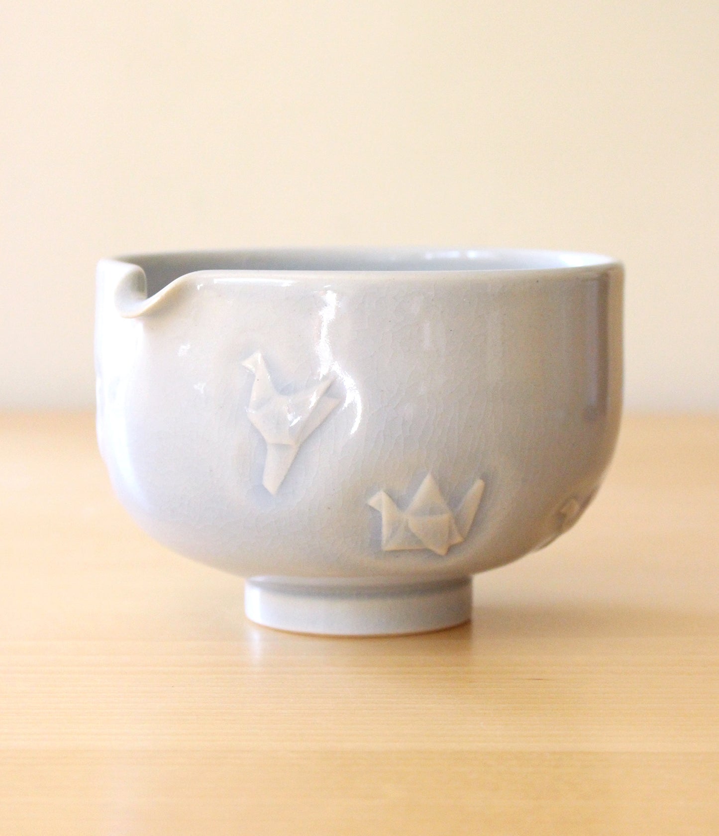 Baby Blue Paper Cranes | Hand-Carved Porcelain + Stoneware Blend Matcha Bowl