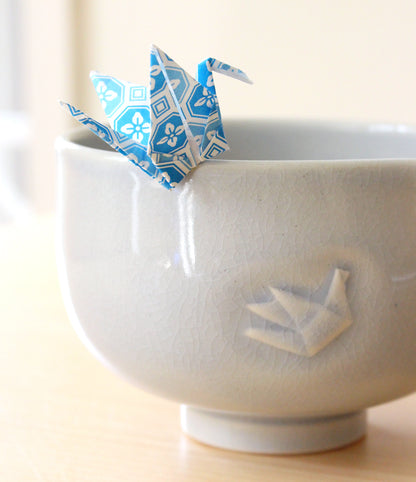 Baby Blue Paper Cranes | Hand-Carved Porcelain + Stoneware Blend Matcha Bowl