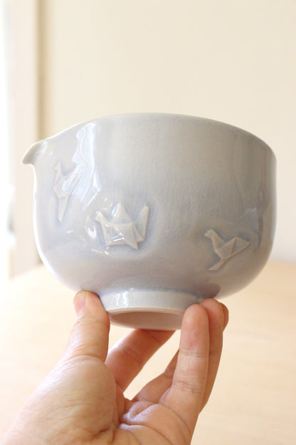 Baby Blue Paper Cranes | Hand-Carved Porcelain + Stoneware Blend Matcha Bowl