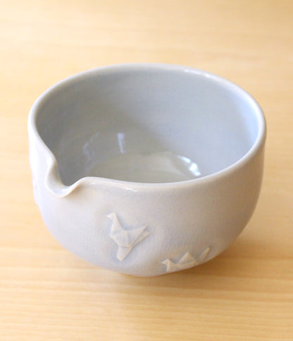 Baby Blue Paper Cranes | Hand-Carved Porcelain + Stoneware Blend Matcha Bowl