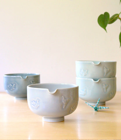 Sky Blue Paper Cranes | Hand-Carved Porcelain + Stoneware Blend Matcha Bowl No.2
