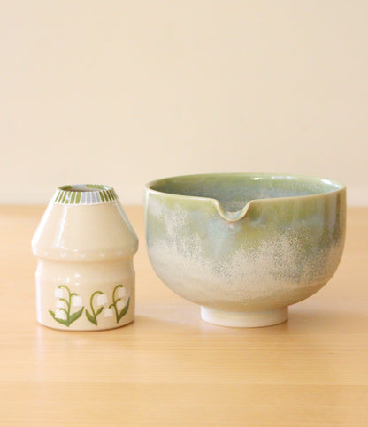 SECONDS: Cloud Forest + Lily of the Valley | Porcelain + Stoneware Blend Matcha Bowl & Whisk Holder Set