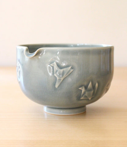 Dark Sky Paper Cranes | Hand-Carved Porcelain + Stoneware Blend Matcha Bowl