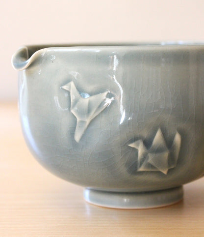 Dark Sky Paper Cranes | Hand-Carved Porcelain + Stoneware Blend Matcha Bowl