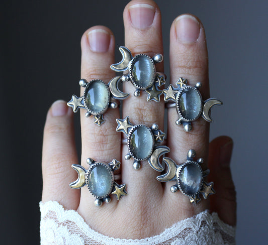 "Grey Matter" Grey Moonstone Rings