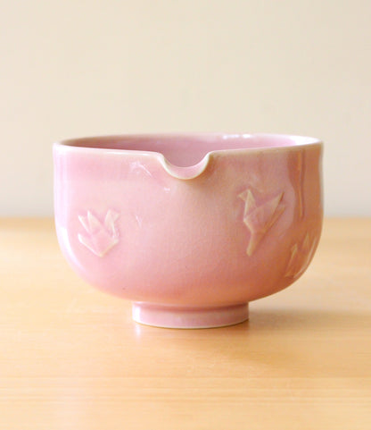Baby Pink Paper Cranes | Hand-Carved Porcelain + Stoneware Blend Matcha Bowl