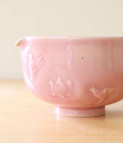 Baby Pink Paper Cranes | Hand-Carved Porcelain + Stoneware Blend Matcha Bowl