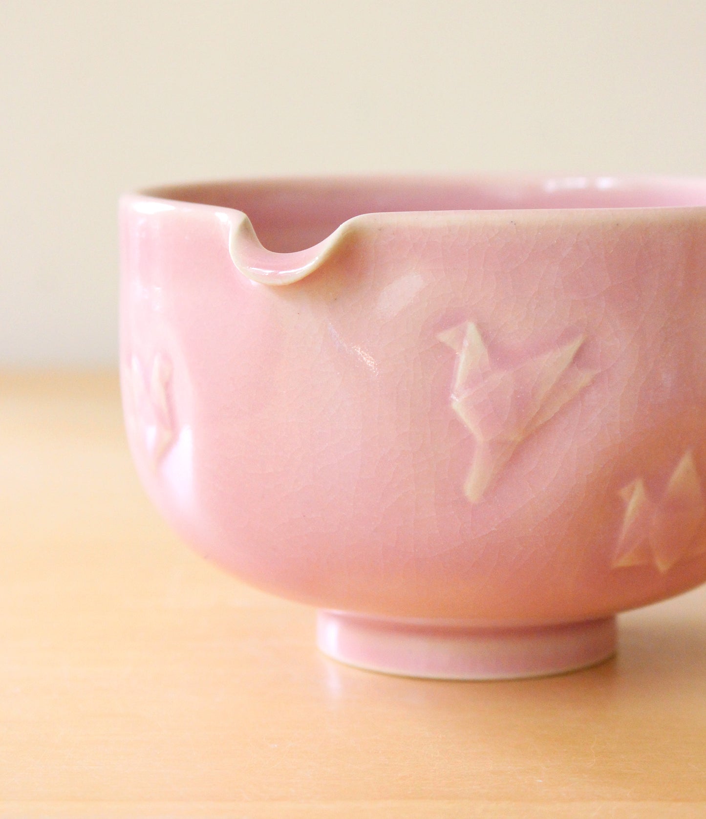 Baby Pink Paper Cranes | Hand-Carved Porcelain + Stoneware Blend Matcha Bowl