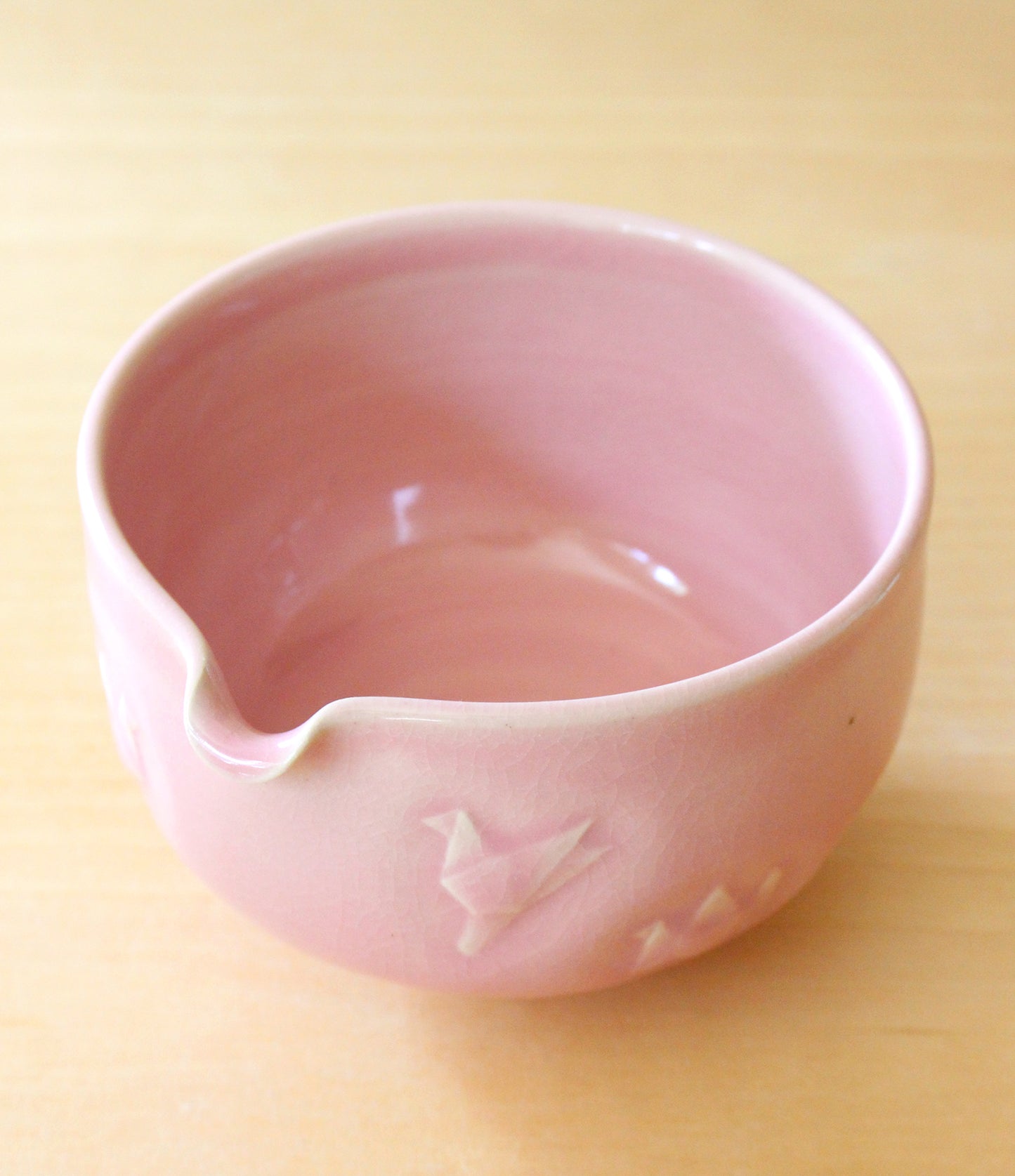 Baby Pink Paper Cranes | Hand-Carved Porcelain + Stoneware Blend Matcha Bowl