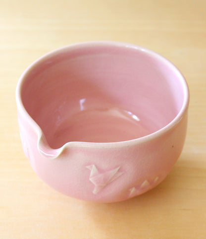 Baby Pink Paper Cranes | Hand-Carved Porcelain + Stoneware Blend Matcha Bowl