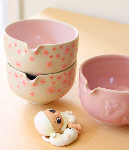 Baby Pink Paper Cranes | Hand-Carved Porcelain + Stoneware Blend Matcha Bowl