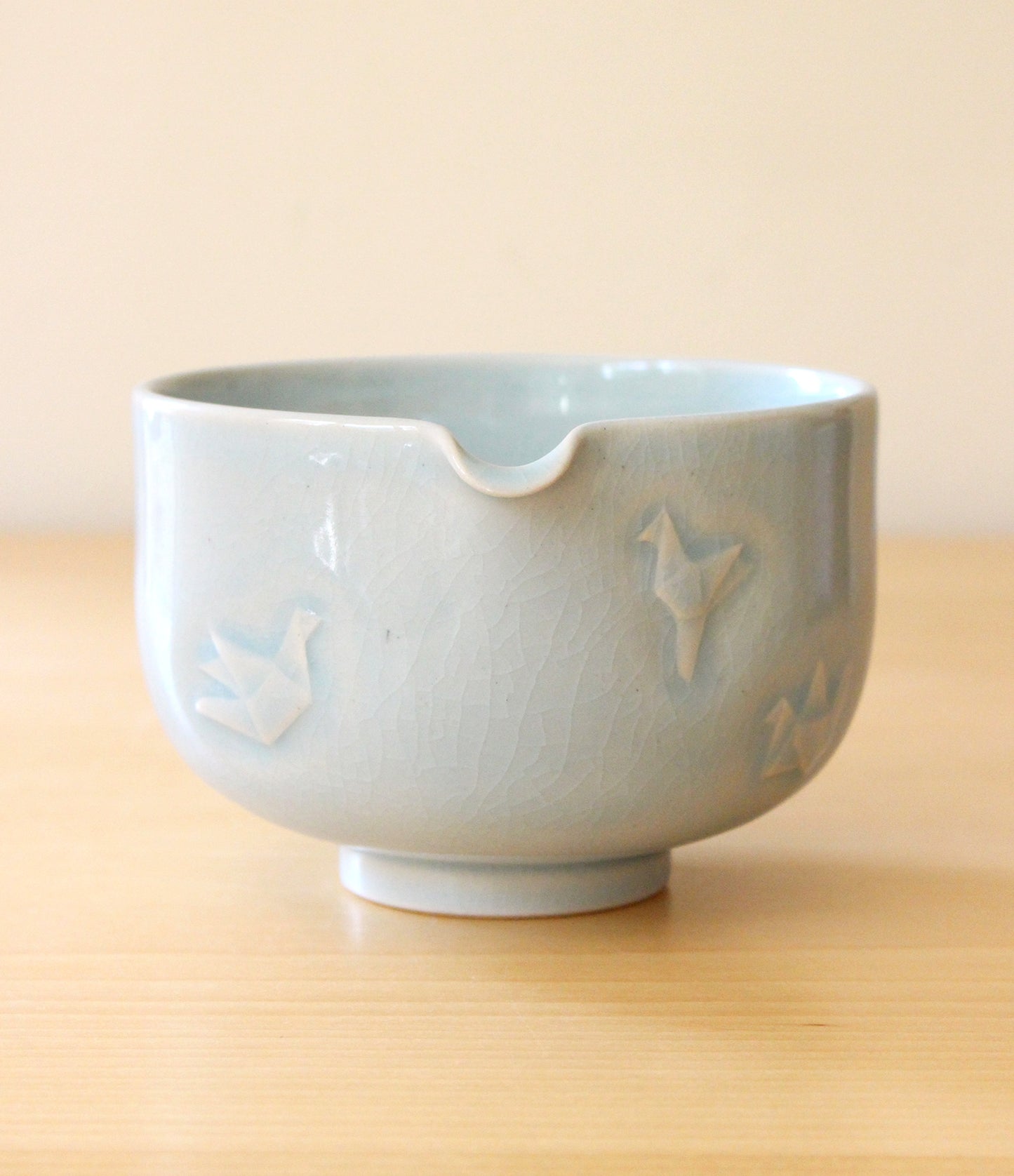 Sky Blue Paper Cranes | Hand-Carved Porcelain + Stoneware Blend Matcha Bowl No.1