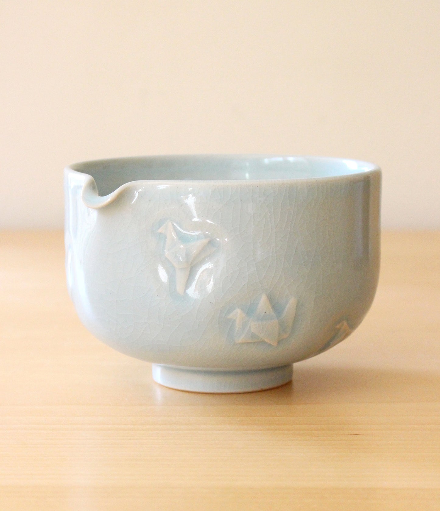 Sky Blue Paper Cranes | Hand-Carved Porcelain + Stoneware Blend Matcha Bowl No.1