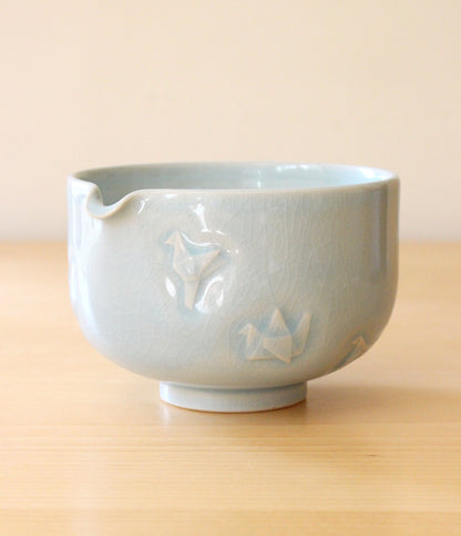 Sky Blue Paper Cranes | Hand-Carved Porcelain + Stoneware Blend Matcha Bowl No.1