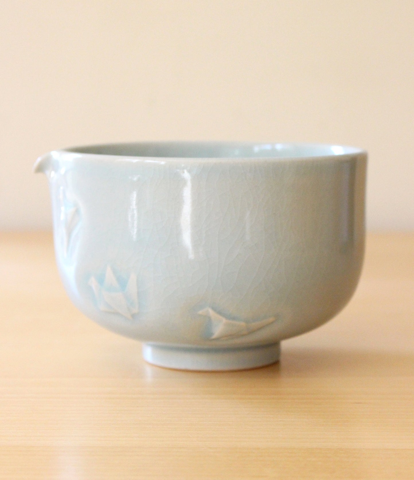 Sky Blue Paper Cranes | Hand-Carved Porcelain + Stoneware Blend Matcha Bowl No.1