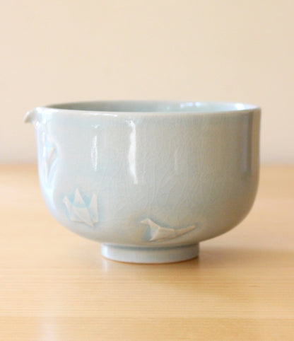 Sky Blue Paper Cranes | Hand-Carved Porcelain + Stoneware Blend Matcha Bowl No.1