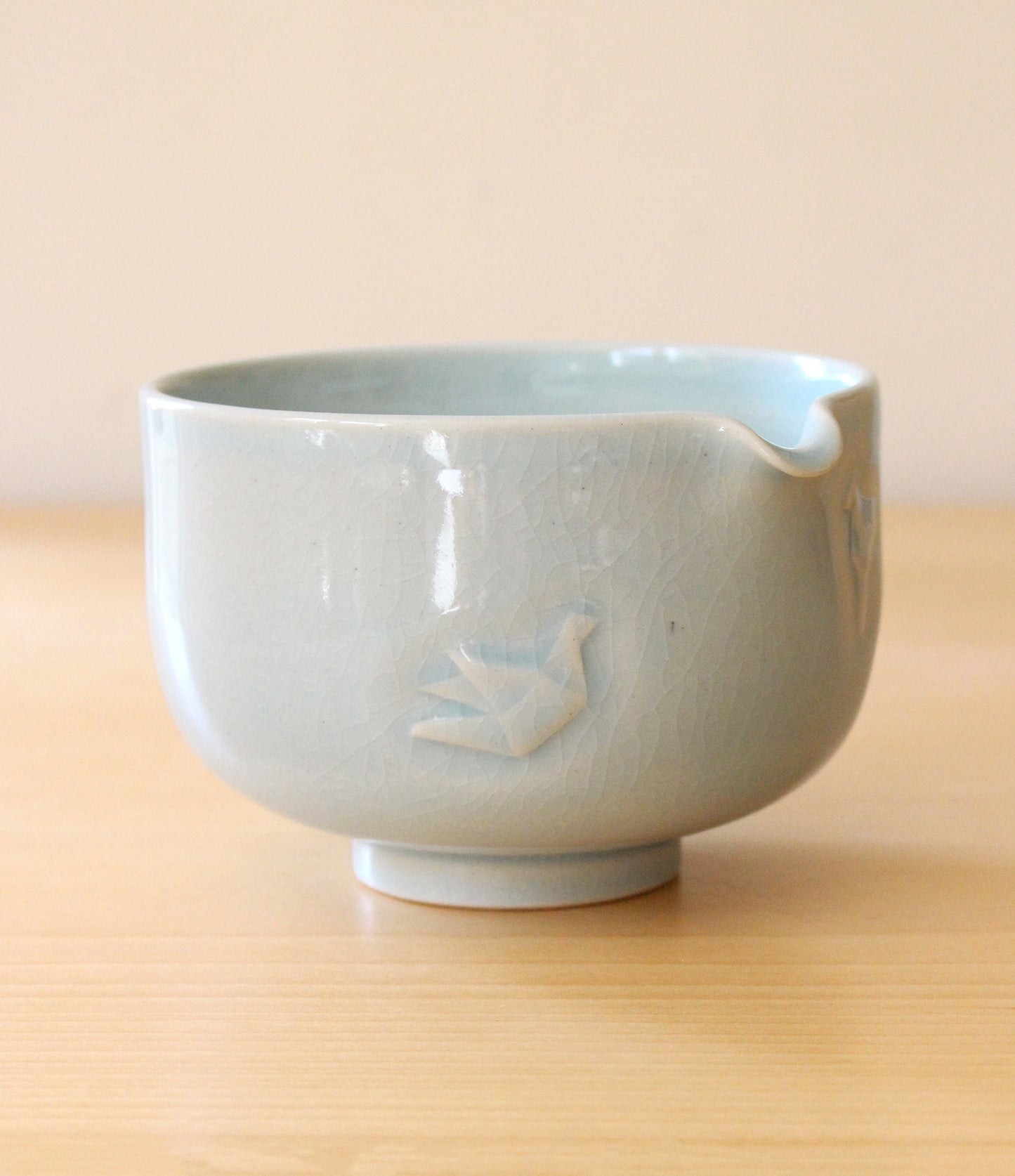Sky Blue Paper Cranes | Hand-Carved Porcelain + Stoneware Blend Matcha Bowl No.1