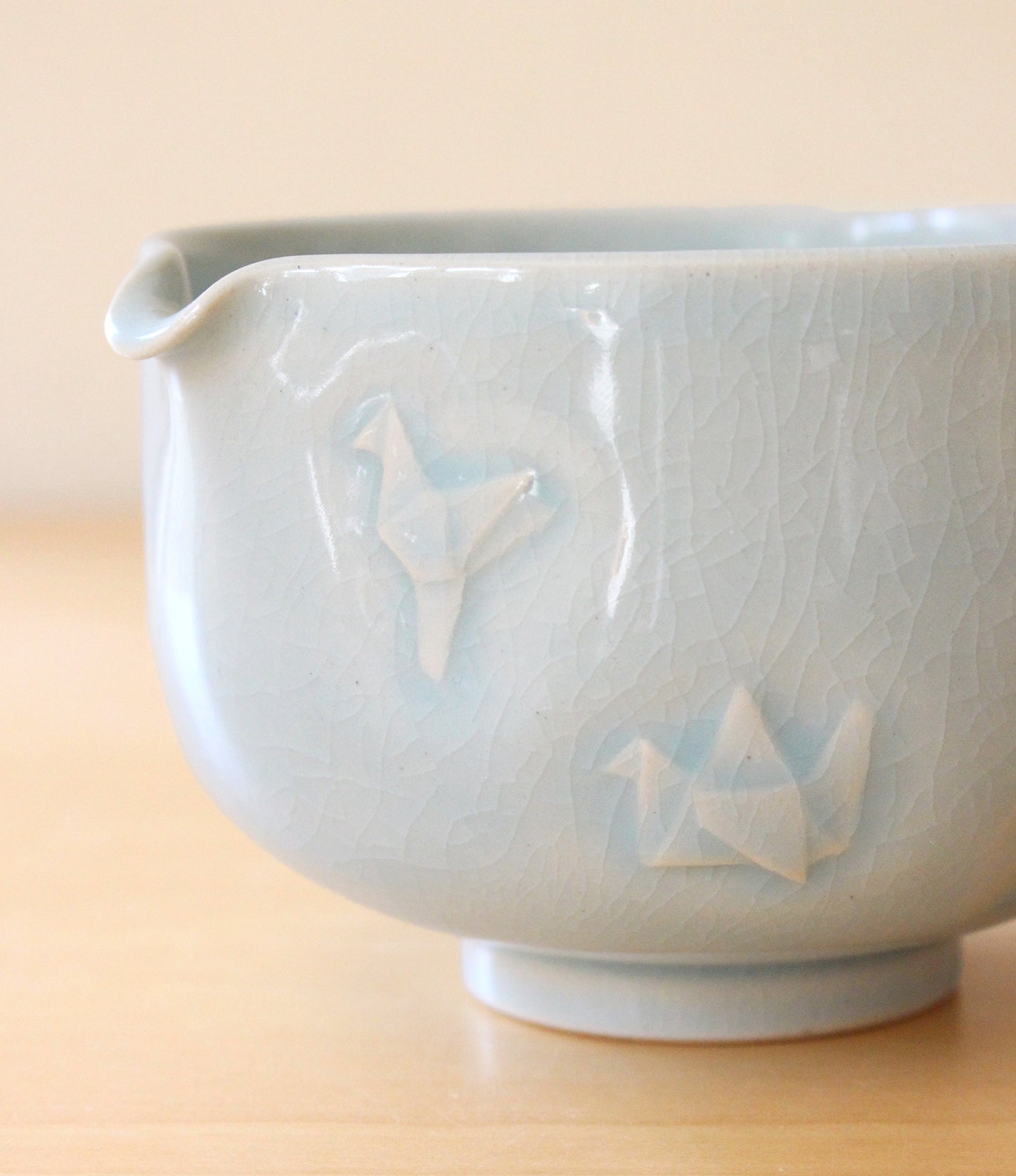 Sky Blue Paper Cranes | Hand-Carved Porcelain + Stoneware Blend Matcha Bowl No.1