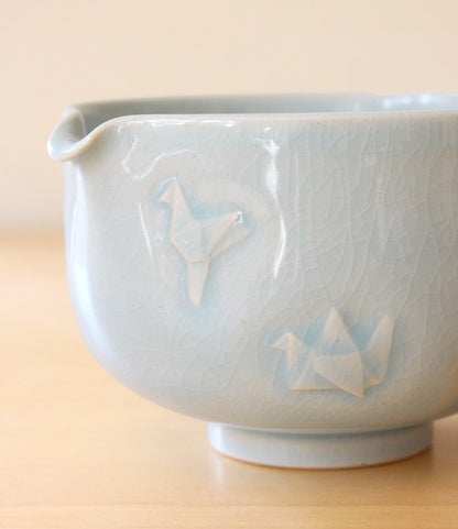 Sky Blue Paper Cranes | Hand-Carved Porcelain + Stoneware Blend Matcha Bowl No.1