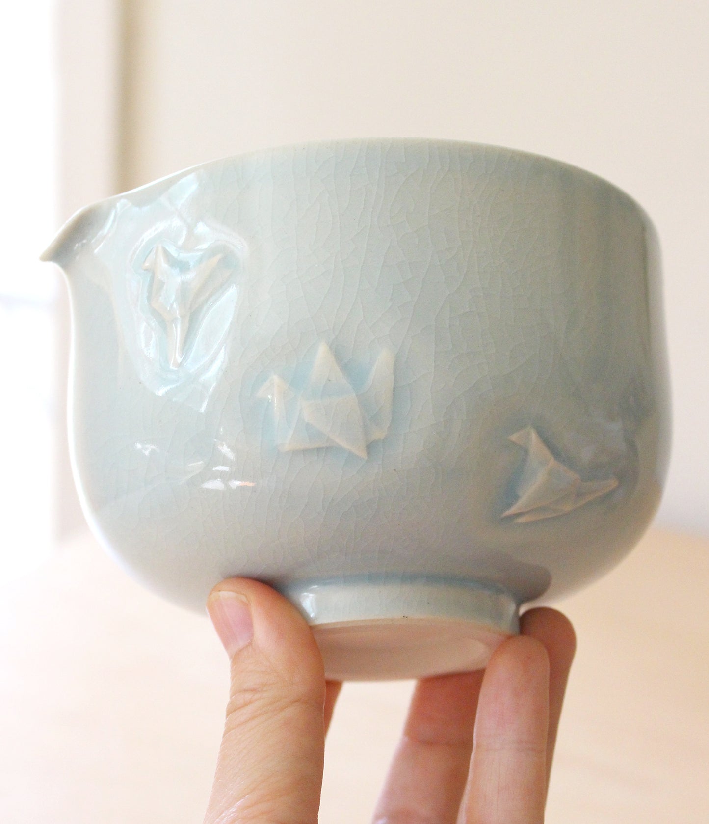 Sky Blue Paper Cranes | Hand-Carved Porcelain + Stoneware Blend Matcha Bowl No.1