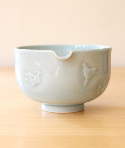 Sky Blue Paper Cranes | Hand-Carved Porcelain + Stoneware Blend Matcha Bowl No.2