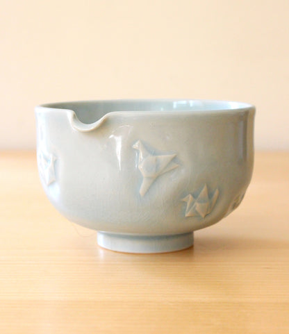 Sky Blue Paper Cranes | Hand-Carved Porcelain + Stoneware Blend Matcha Bowl No.2