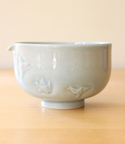 Sky Blue Paper Cranes | Hand-Carved Porcelain + Stoneware Blend Matcha Bowl No.2