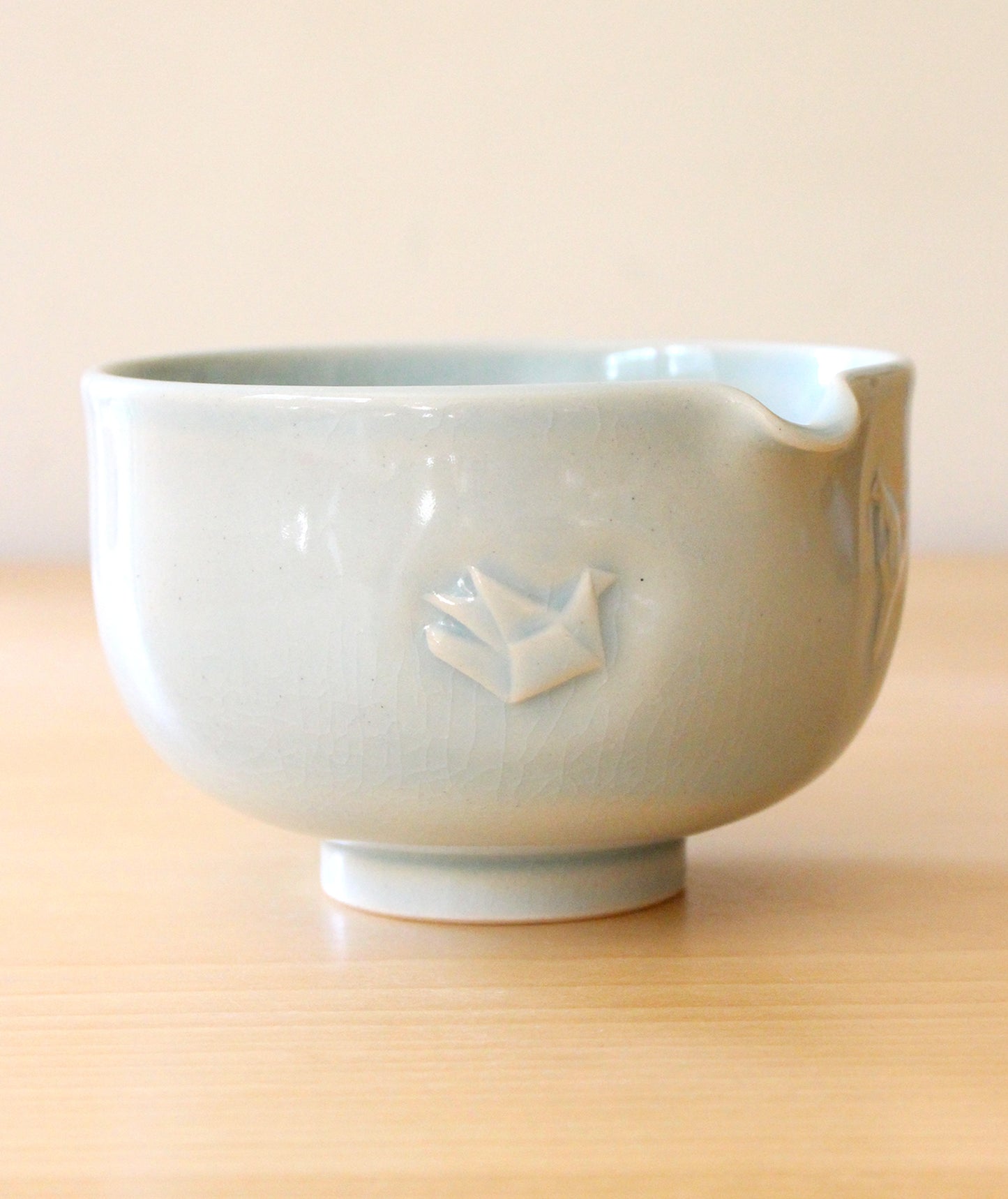 Sky Blue Paper Cranes | Hand-Carved Porcelain + Stoneware Blend Matcha Bowl No.2