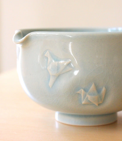 Sky Blue Paper Cranes | Hand-Carved Porcelain + Stoneware Blend Matcha Bowl No.2