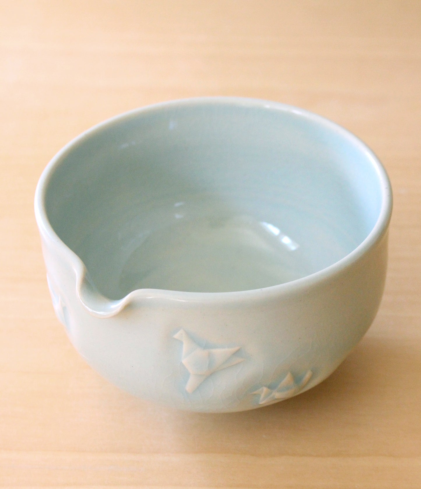 Sky Blue Paper Cranes | Hand-Carved Porcelain + Stoneware Blend Matcha Bowl No.2