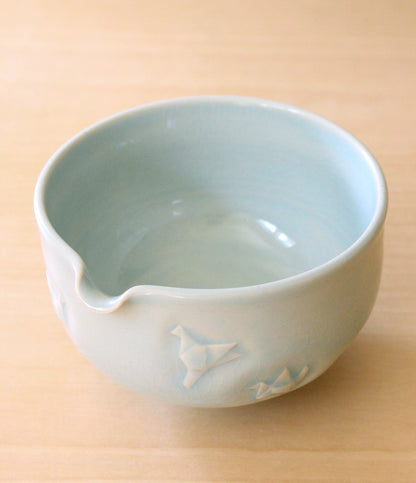 Sky Blue Paper Cranes | Hand-Carved Porcelain + Stoneware Blend Matcha Bowl No.2