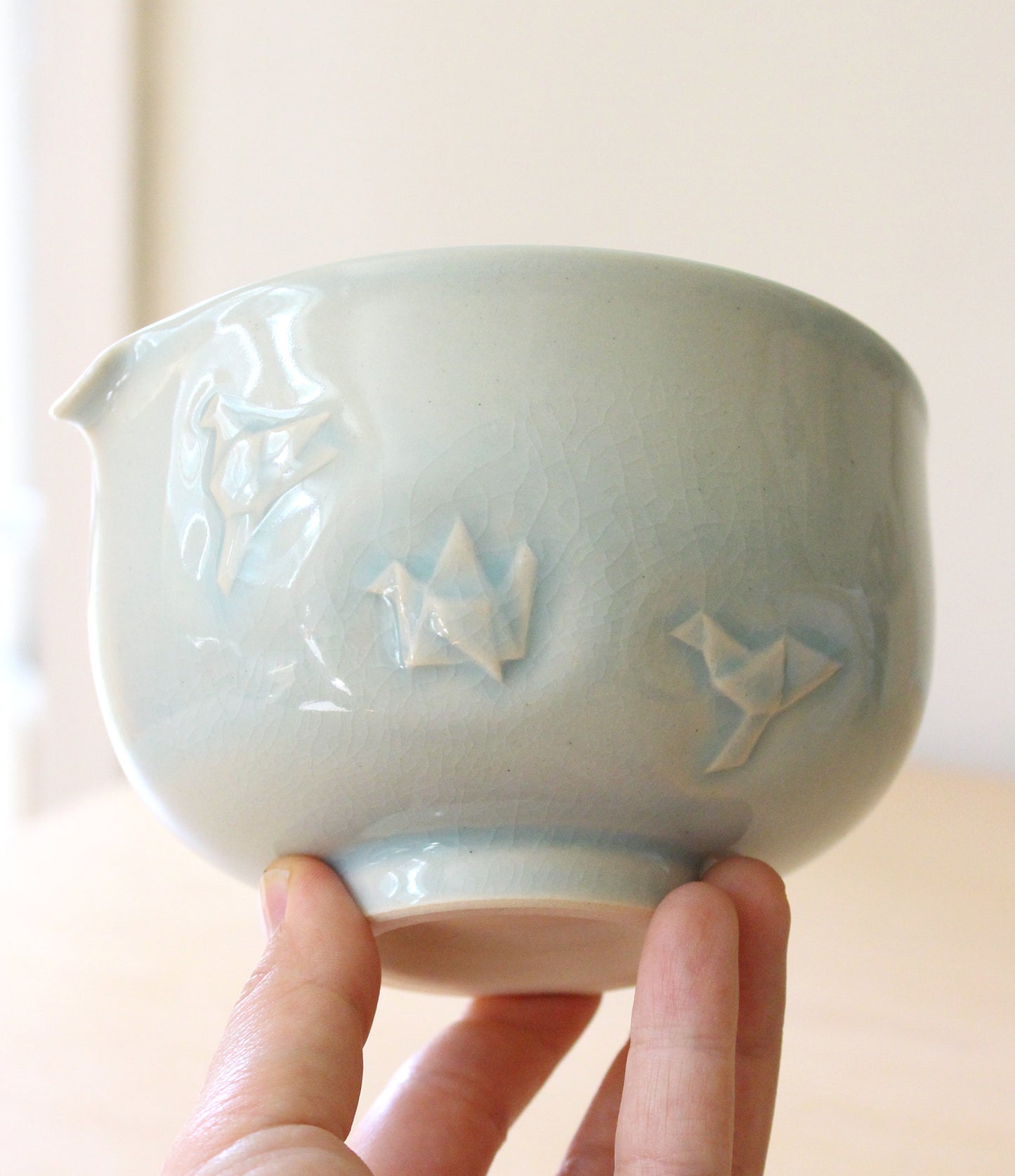 Sky Blue Paper Cranes | Hand-Carved Porcelain + Stoneware Blend Matcha Bowl No.2