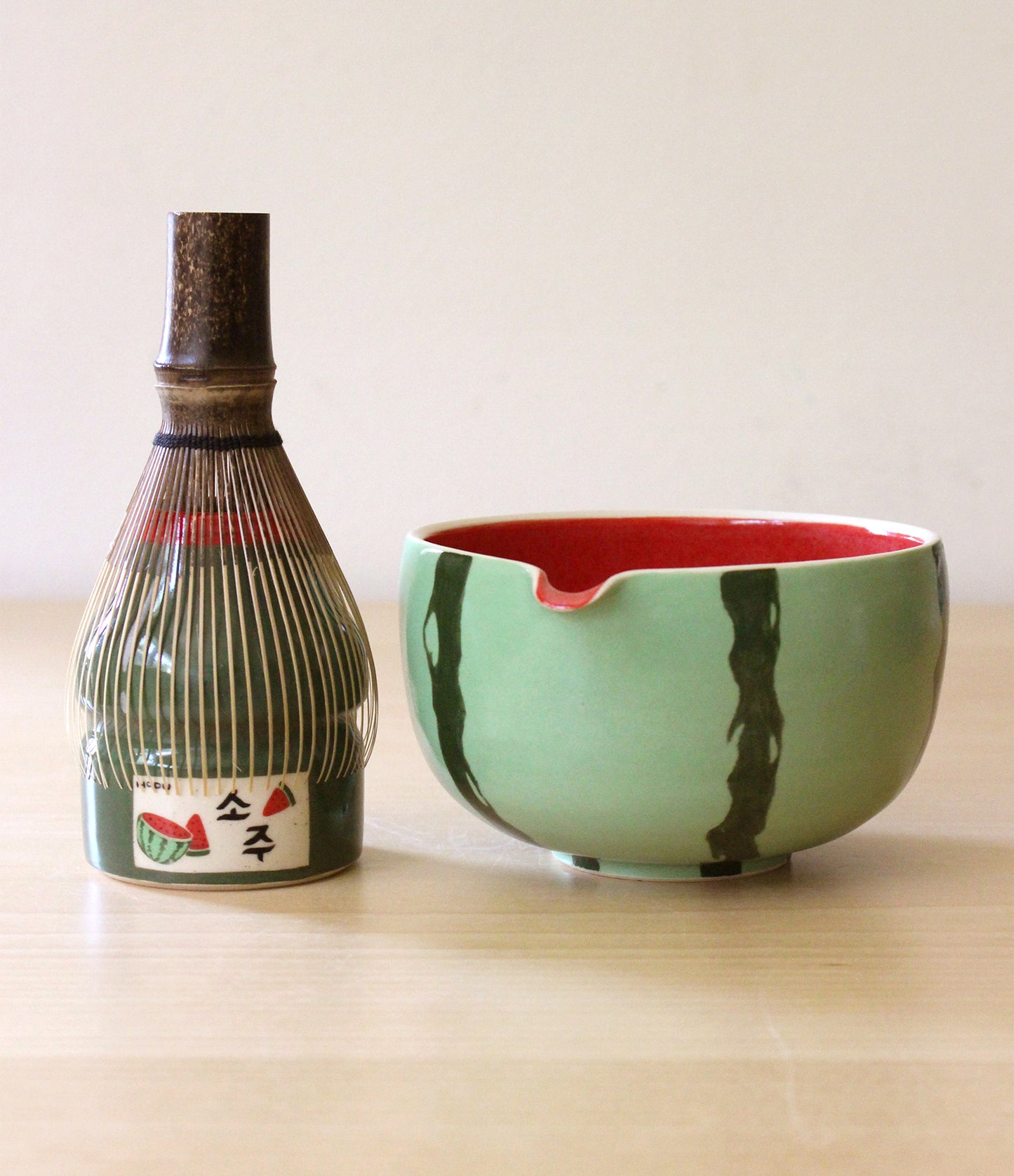 Watermelon Soju | Porcelain + Stoneware Blend Matcha Bowl & Whisk Holder Set No.1