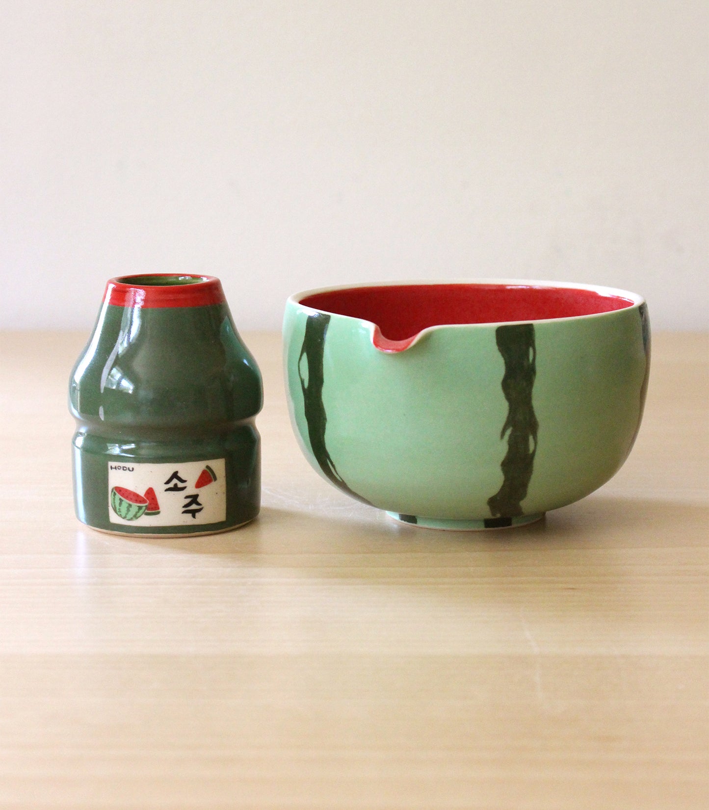 Watermelon Soju | Porcelain + Stoneware Blend Matcha Bowl & Whisk Holder Set No.1